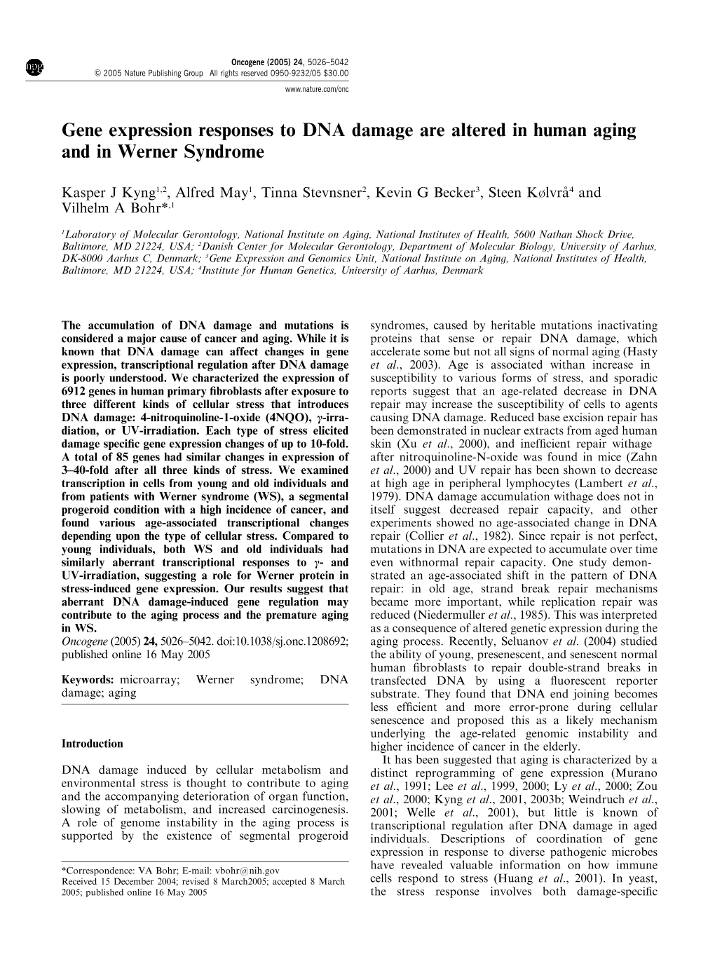 Gene Expression Responses to DNA Damage Are Altered in Human Aging and in Werner Syndrome