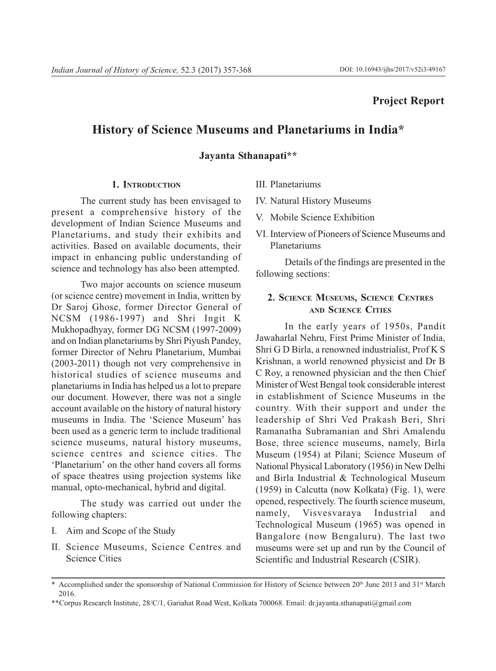 History of Science Museums and Planetariums in India*