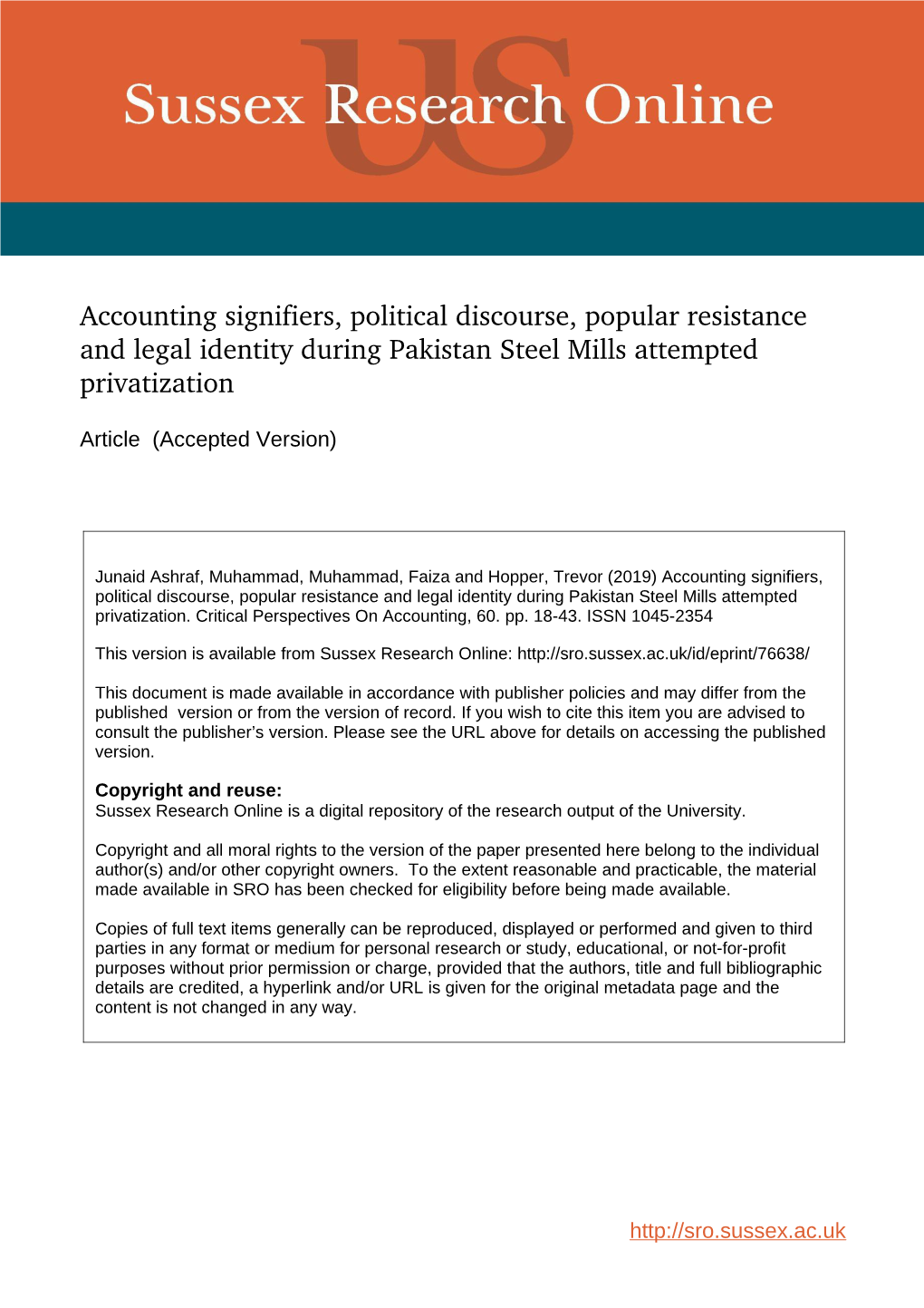 Accounting Signifiers, Political Discourse, Popular Resistance and Legal Identity During Pakistan Steel Mills Attempted Privatization