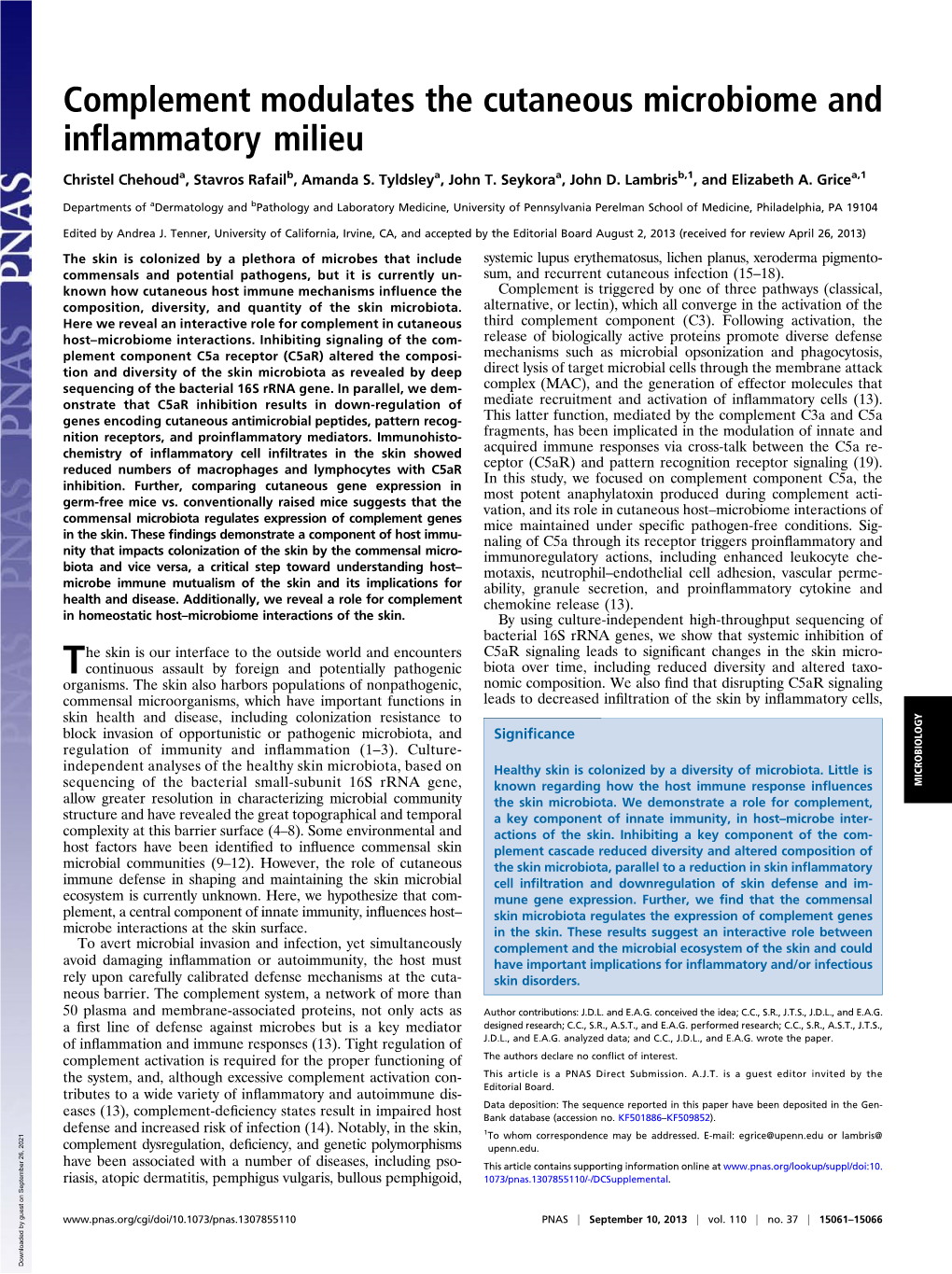 Complement Modulates the Cutaneous Microbiome and Inﬂammatory Milieu