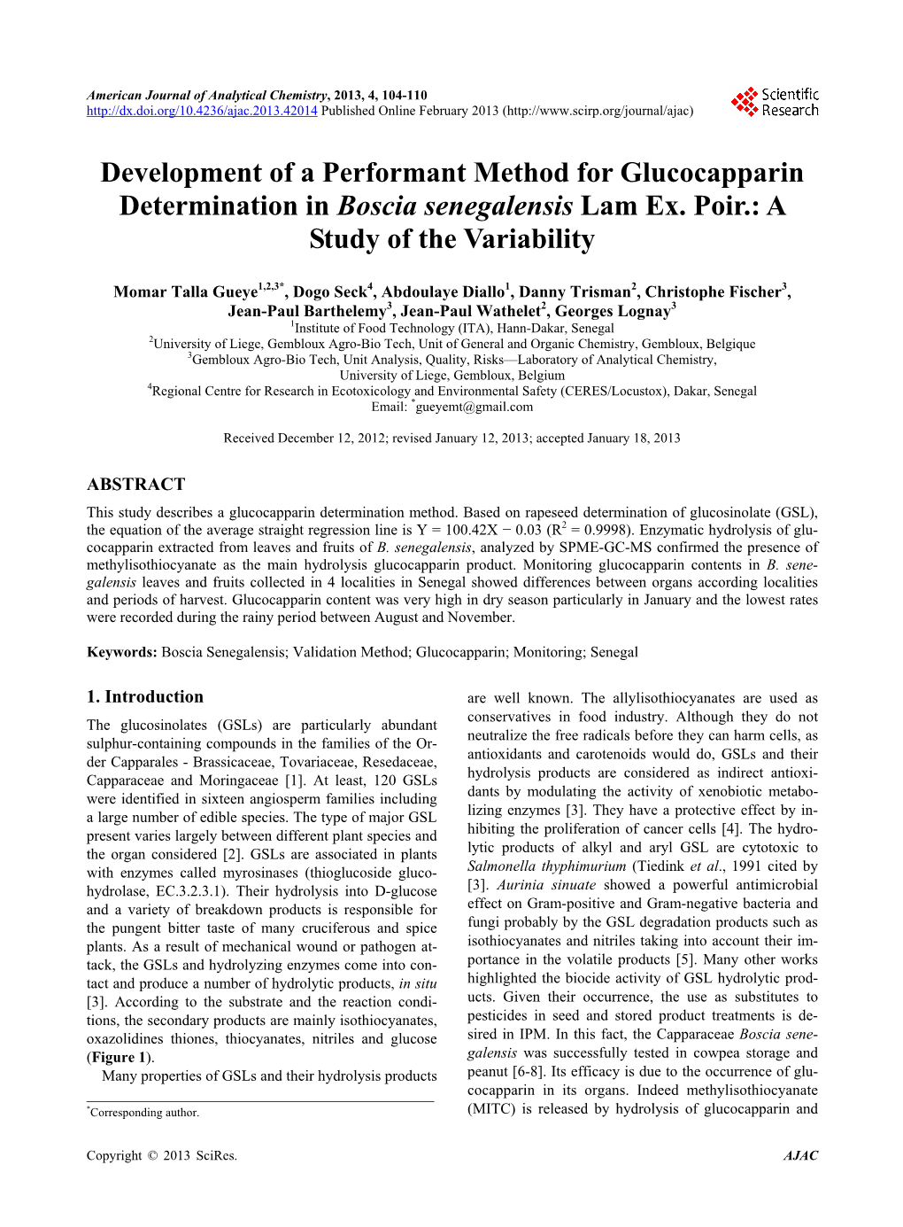 Development of a Performant Method for Glucocapparin Determination in Boscia Senegalensis Lam Ex. Poir.: a Study of the Variability