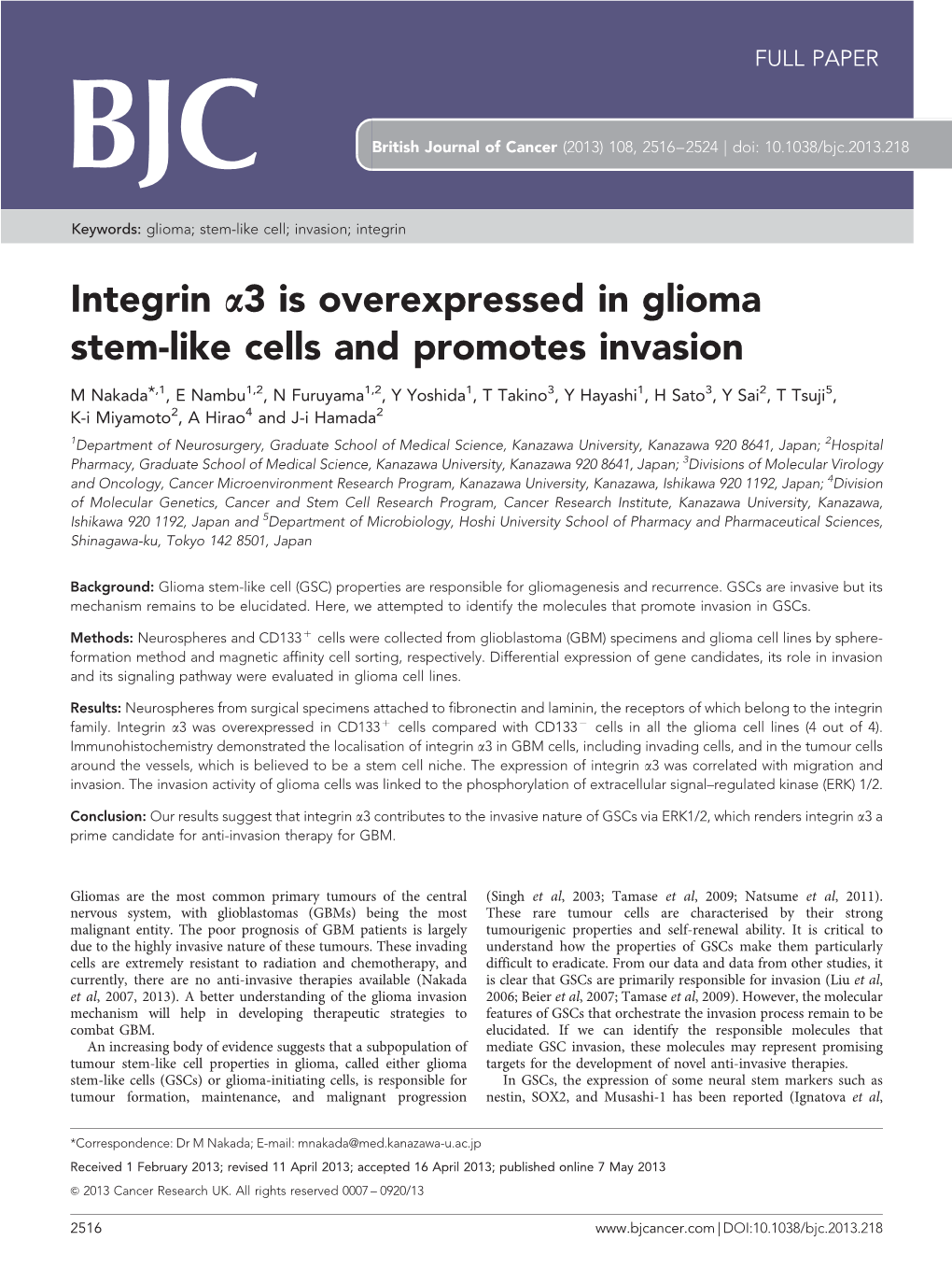 3 Is Overexpressed in Glioma Stem-Like Cells and Promotes Invasion