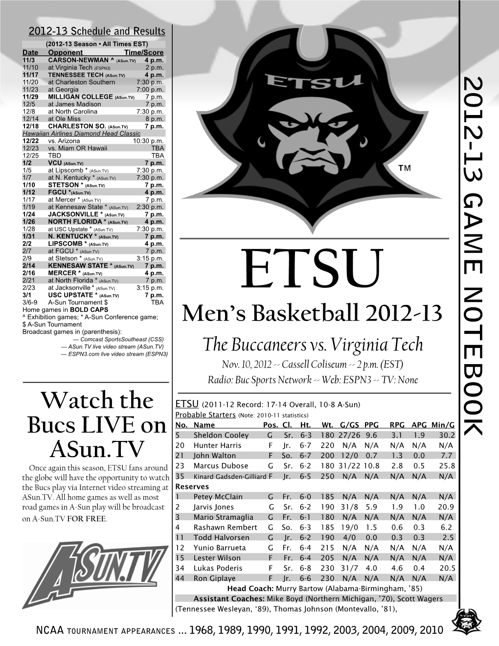 2012-13 GAME NOTEBOOK Men's Basketball 2012-13 Watch the Bucs