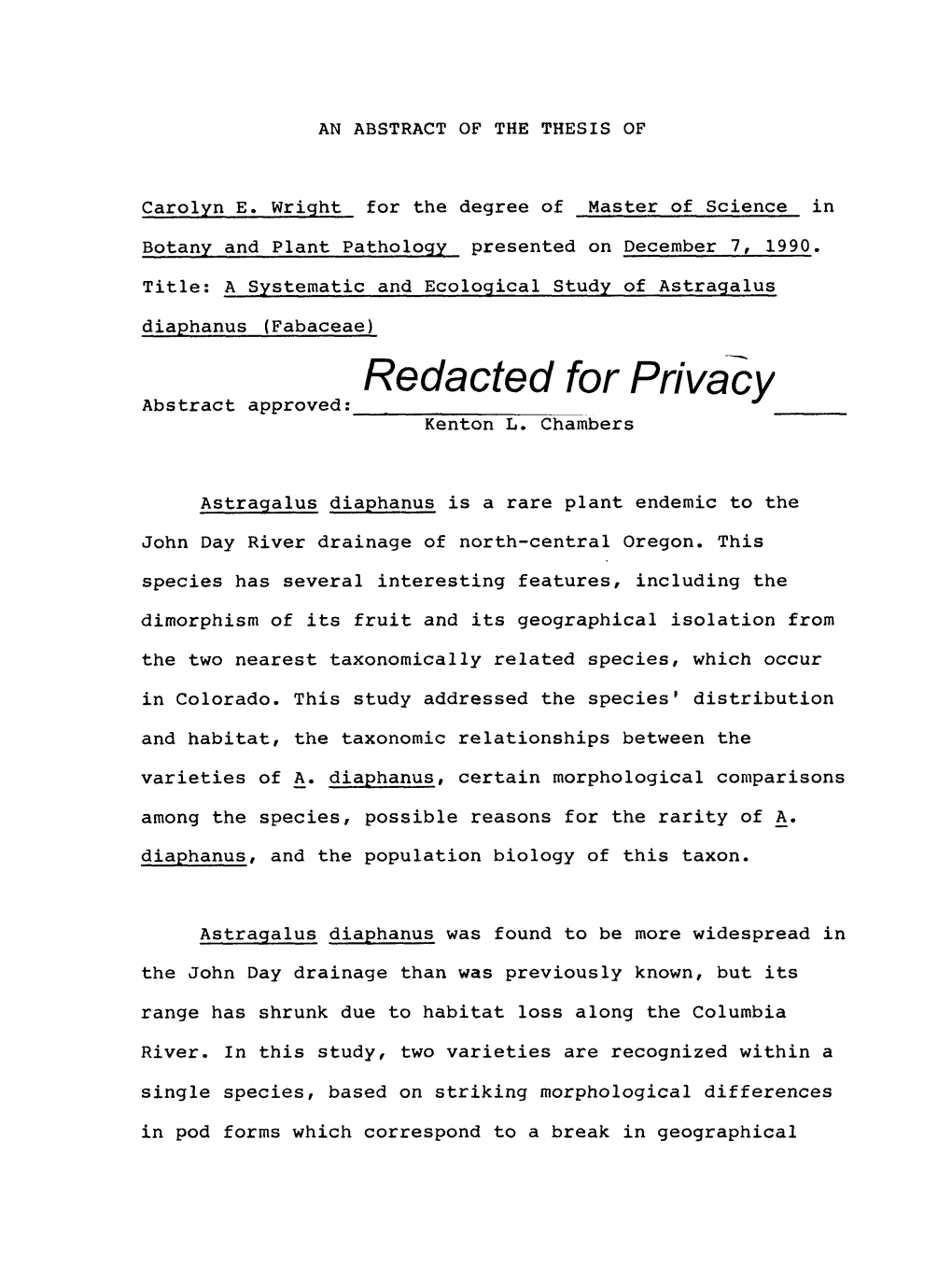 A Systematic and Ecological Study of Astragalus Diaphanus (Fabaceae) Redacted for Privacy Abstract Approved: Kenton L