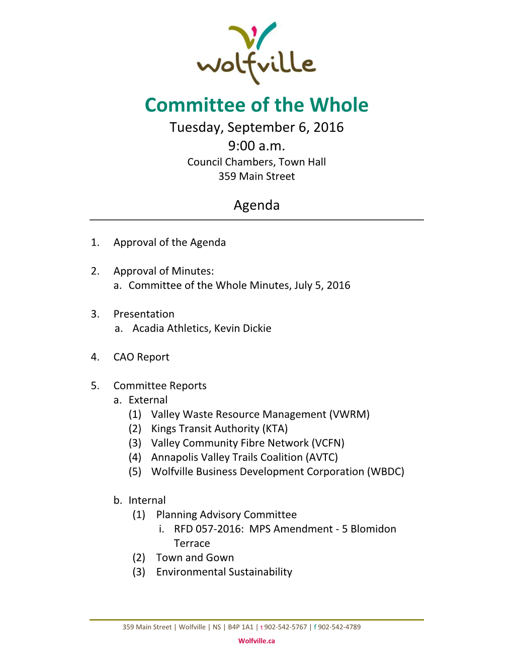 Committee of the Whole Tuesday, September 6, 2016 9:00 A.M