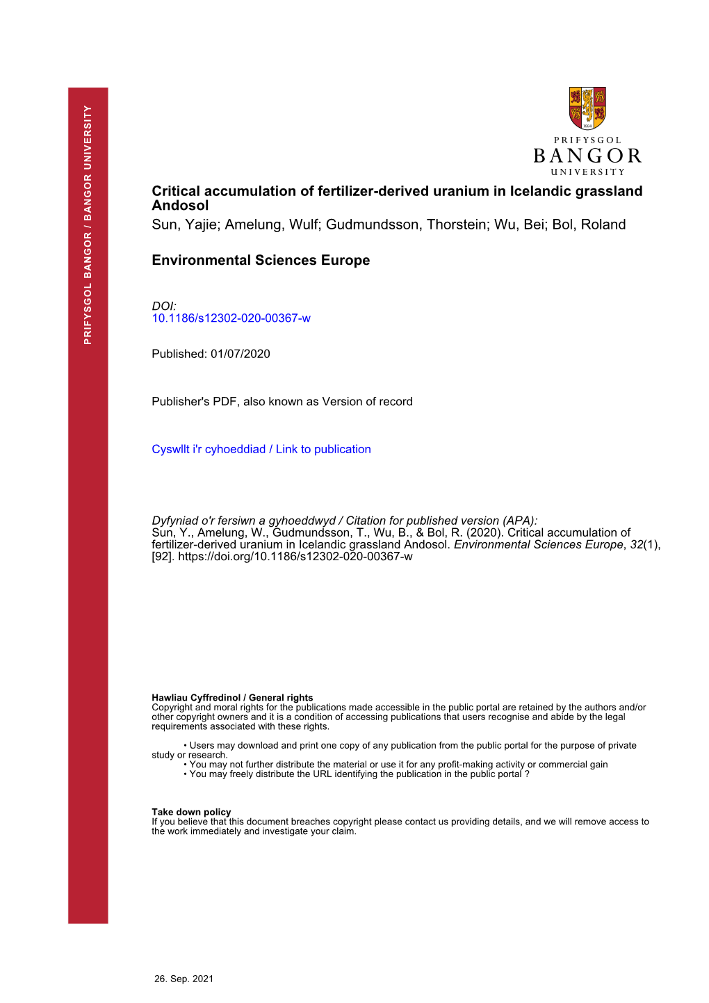 Critical Accumulation of Fertilizer-Derived Uranium in Icelandic Grassland