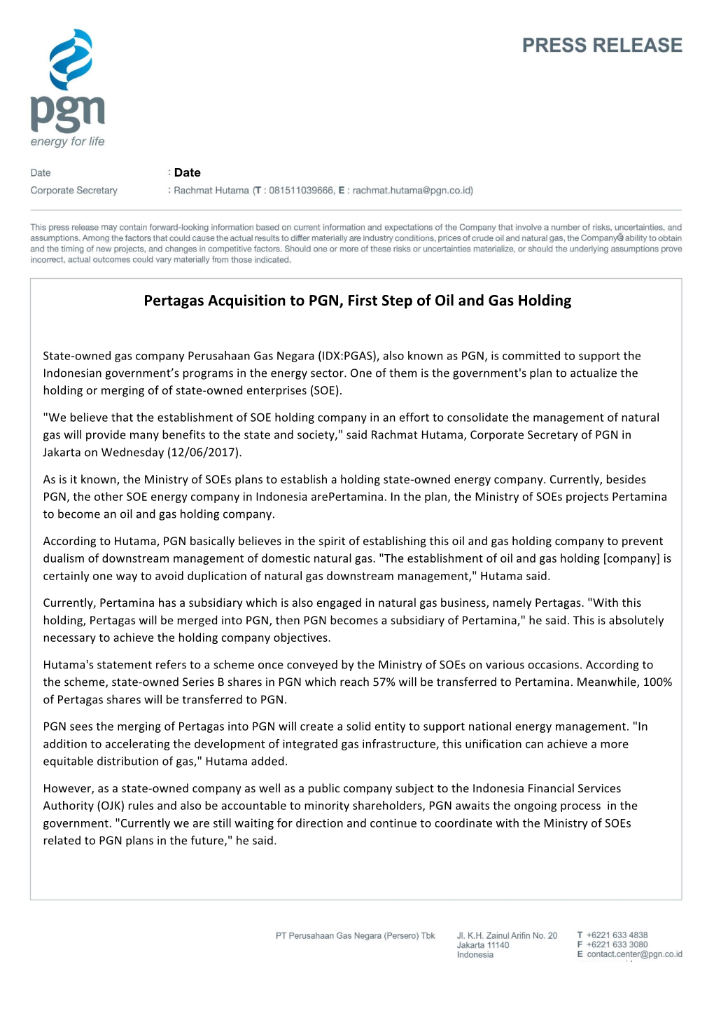 Pertagas Acquisition to PGN, First Step of Oil and Gas Holding