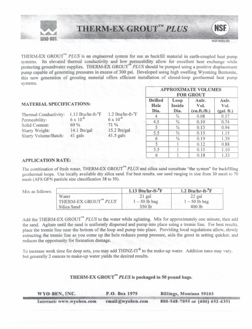 69% APPROXIMATE VOLUMES for GROUT Drilled Loop Hole Inside Vol. Vol. Dia. Dia