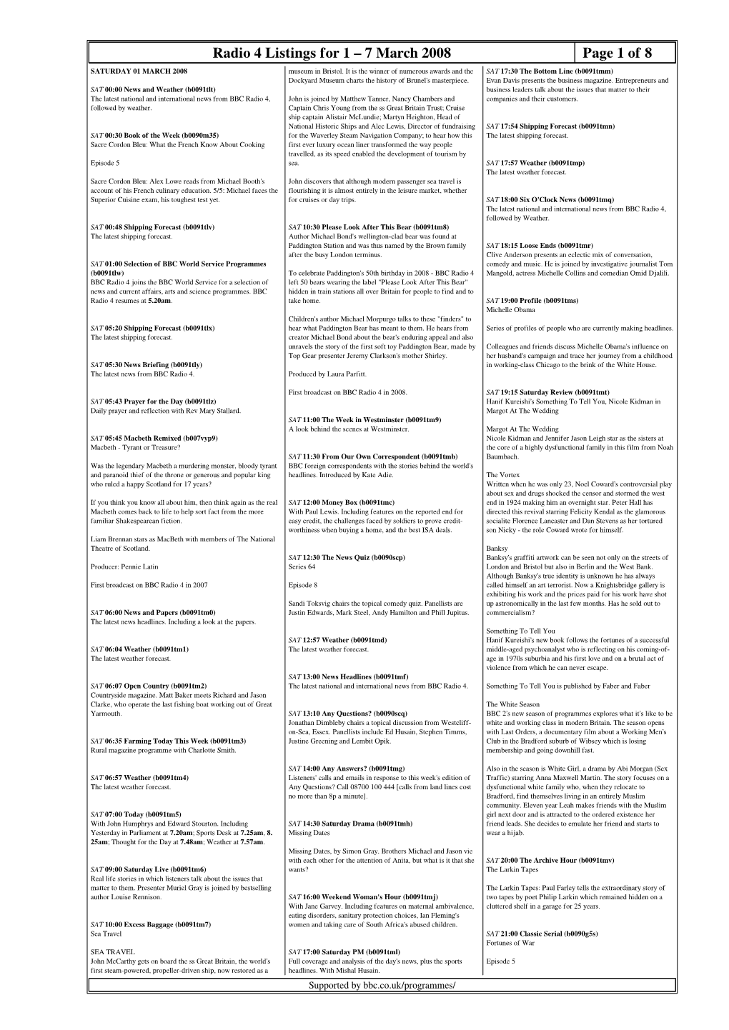 Radio 4 Listings for 1 – 7 March 2008 Page 1 of 8 SATURDAY 01 MARCH 2008 Museum in Bristol