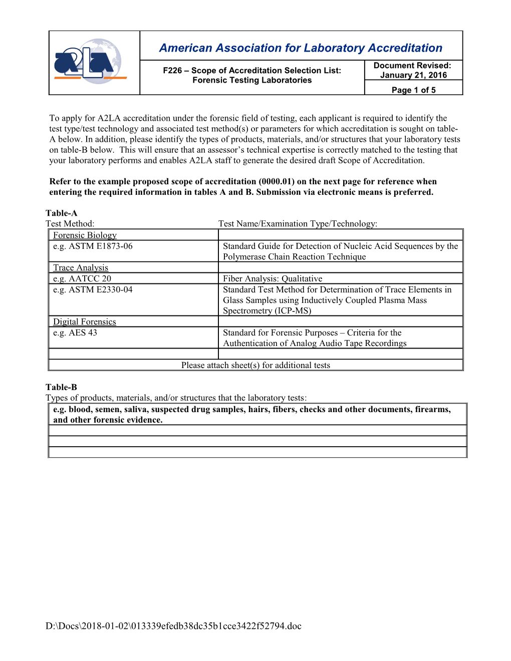 Fxxx Scope of Accreditation Selection List: Forensic Science Testing Laboratories