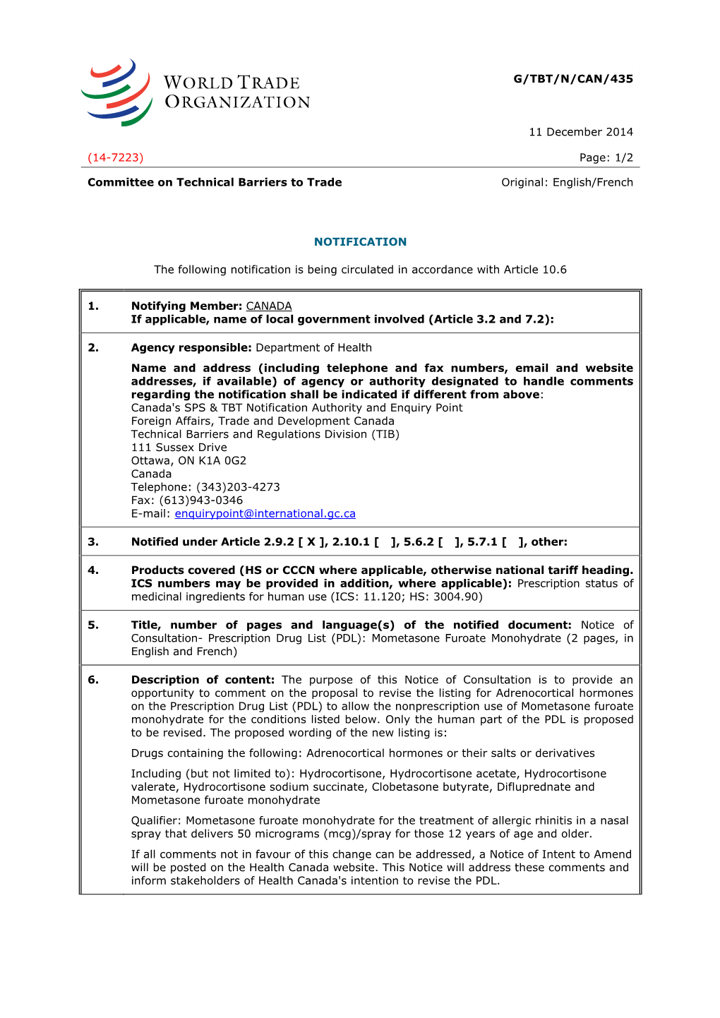 G/TBT/N/CAN/435 11 December 2014 (14-7223) Page: 1/2 Committee on Technical Barriers to Trade Original