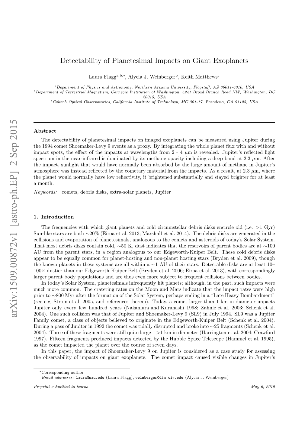 Arxiv:1509.00872V1 [Astro-Ph.EP] 2 Sep 2015 H Bevblt Fipcso in Xpaes H Oe Matc Impact Comet the Exoplanets