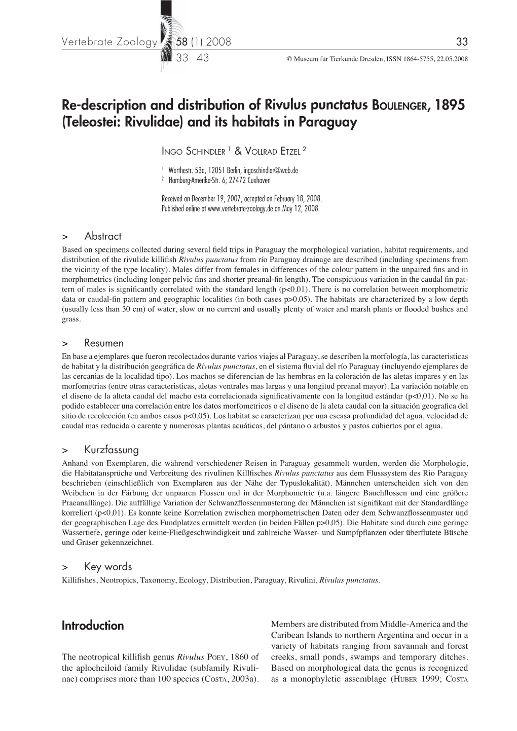 Re-Description and Distribution of Rivulus Punctatus BOULENGER, 1895 (Teleostei: Rivulidae) and Its Habitats in Paraguay