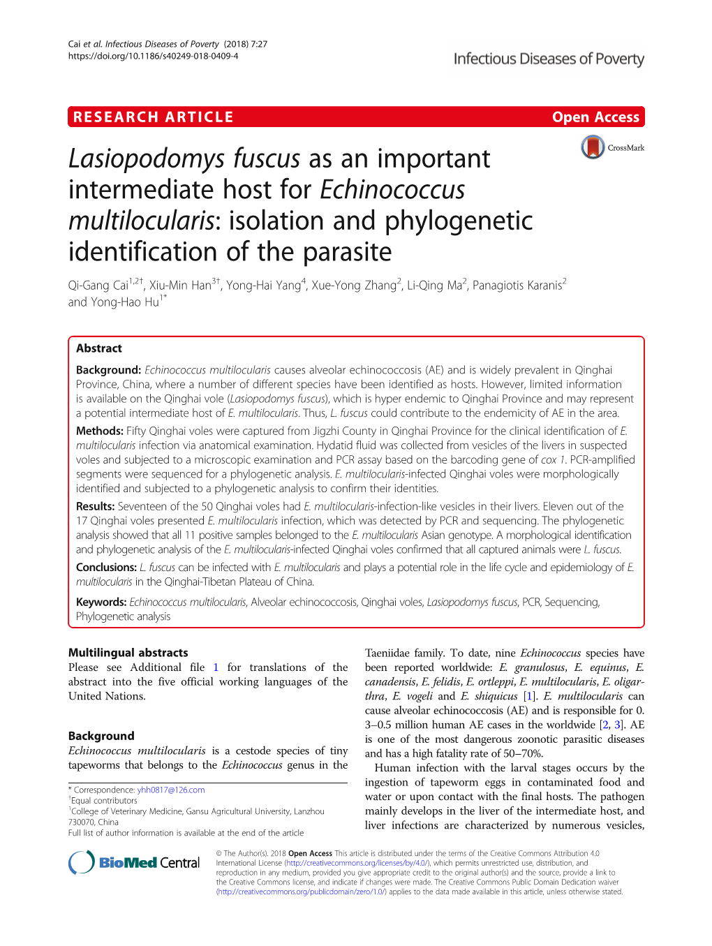 Lasiopodomys Fuscus As an Important Intermediate Host for Echinococcus