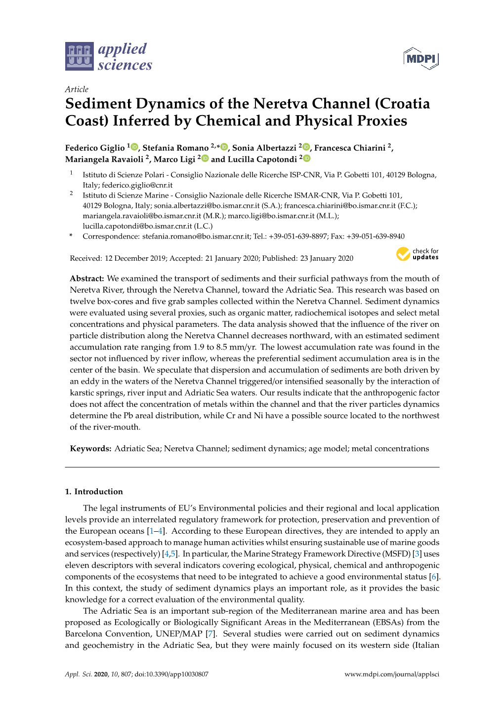 Sediment Dynamics of the Neretva Channel (Croatia Coast) Inferred by Chemical and Physical Proxies