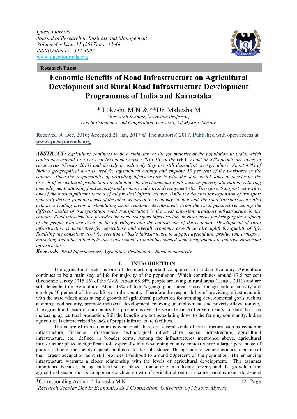 Economic Benefits of Road Infrastructure on Agricultural Development and Rural Road Infrastructure Development Programmes of India and Karnataka