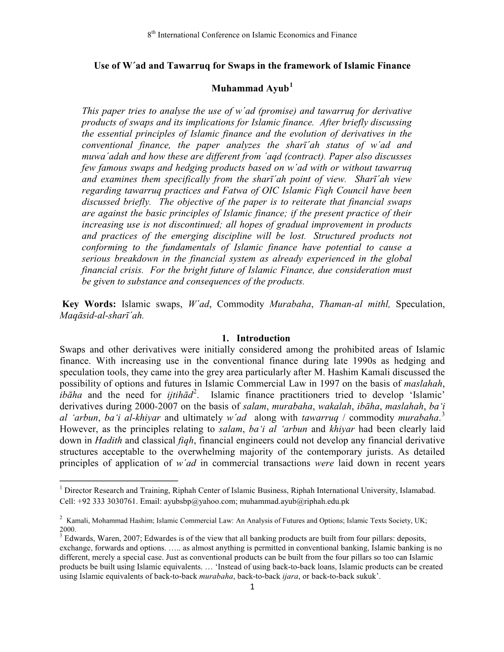 Use of W´Ad and Tawarruq for Swaps in the Framework of Islamic Finance