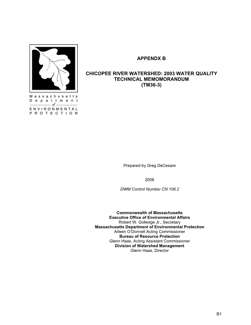 Appendx B Chicopee River Watershed: 2003 Water Quality Technical