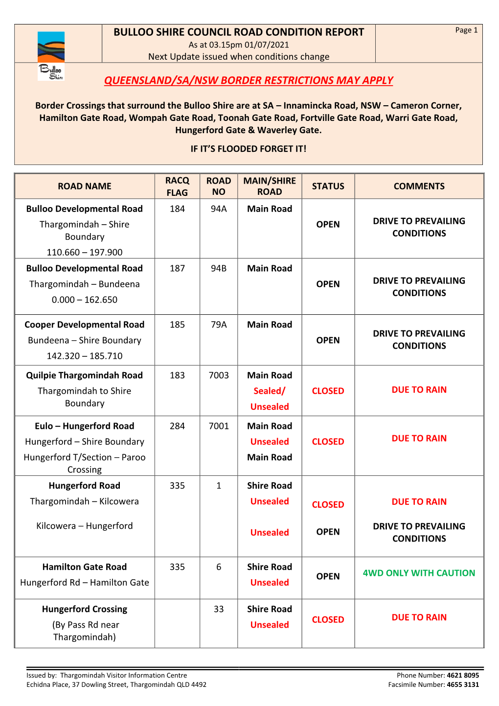 BULLOO SHIRE COUNCIL ROAD CONDITION REPORT Page 1 As at 03.15Pm 01/07/2021 Next Update Issued When Conditions Change