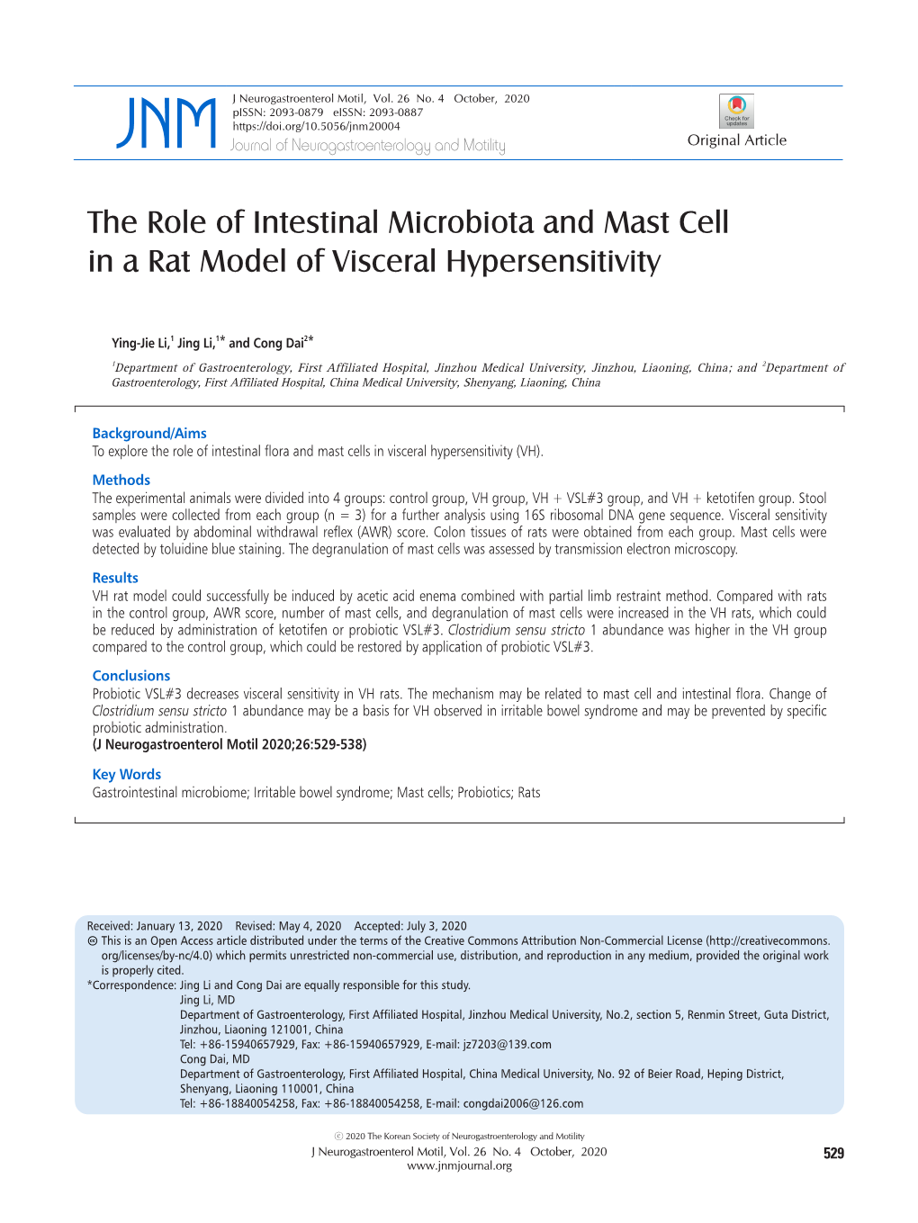 The Role of Intestinal Microbiota and Mast Cell in a Rat Model of Visceral Hypersensitivity