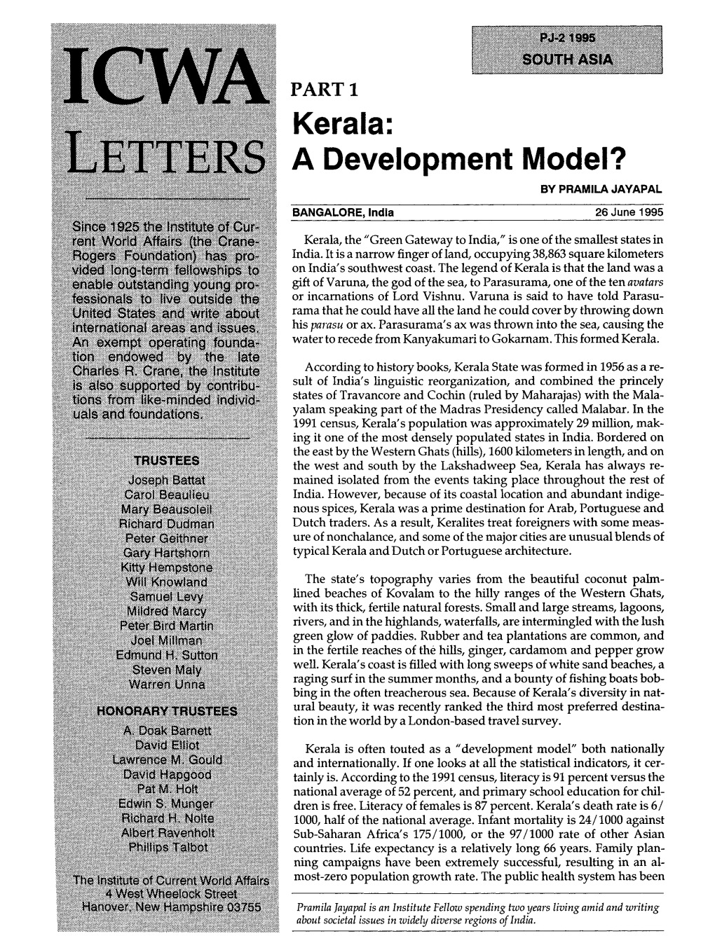 Kerala: a Development Model? by PRAMILA JAYAPAL BANGALORE, India 26 June 1995