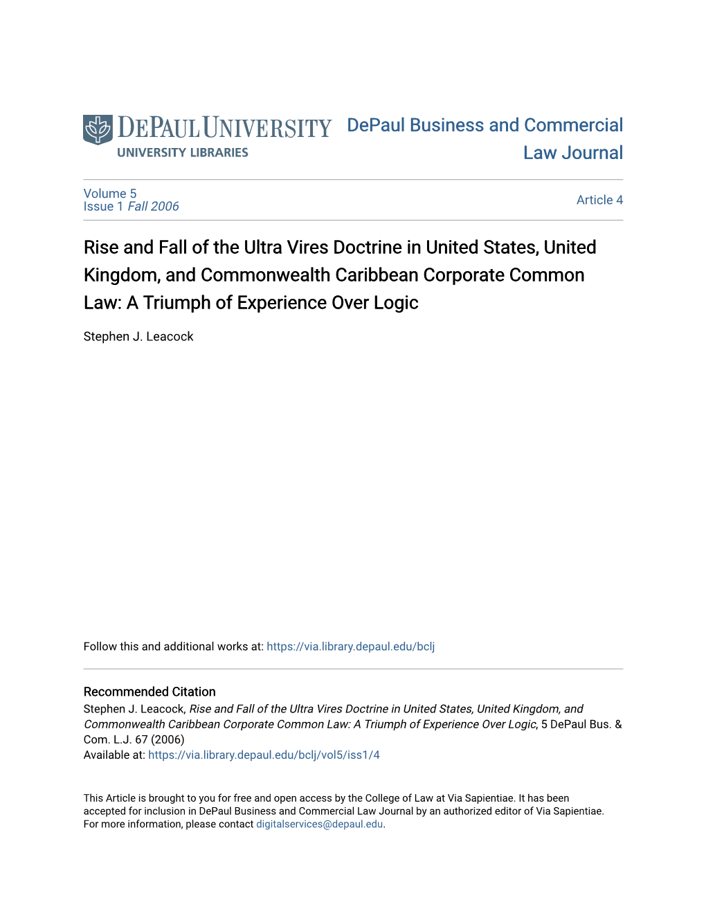 Rise and Fall of the Ultra Vires Doctrine in United States, United Kingdom, and Commonwealth Caribbean Corporate Common Law: a Triumph of Experience Over Logic