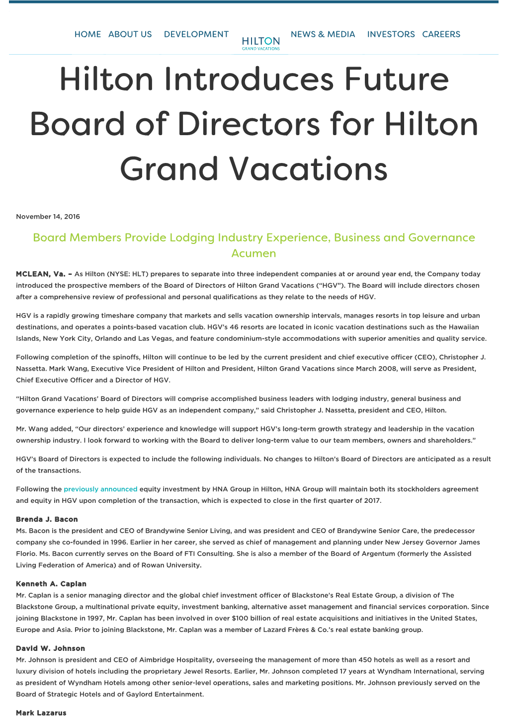 Hilton Introduces Future Board of Directors for Hilton Grand Vacations