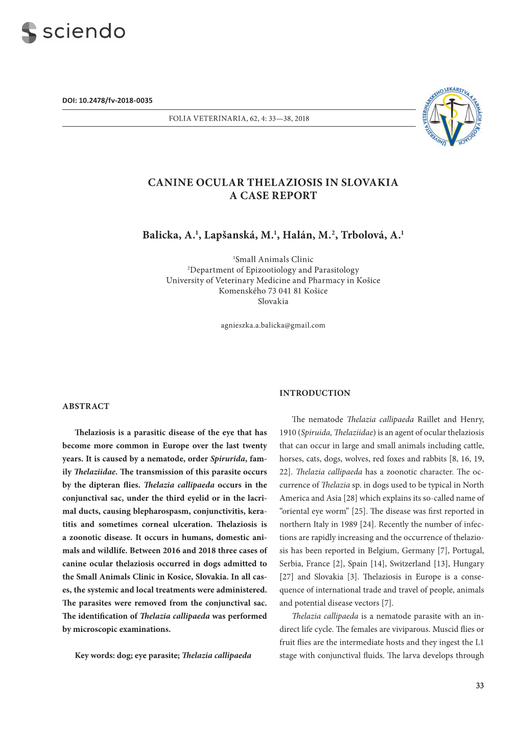 Canine Ocular Thelaziosis in Slovakia a Case Report