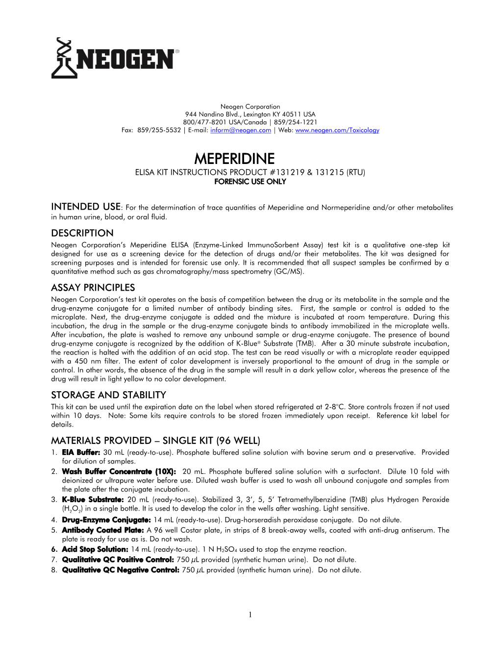 Meperidine Elisa Kit Instructions Product #131219 & 131215 (Rtu) Forensic Use Only