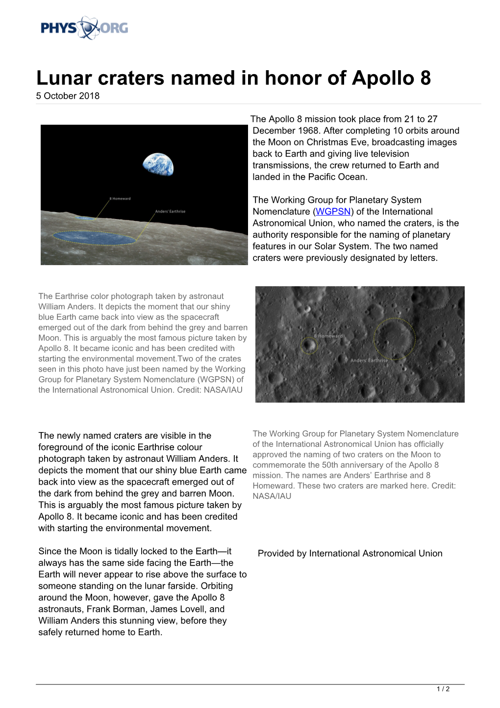Lunar Craters Named in Honor of Apollo 8 5 October 2018