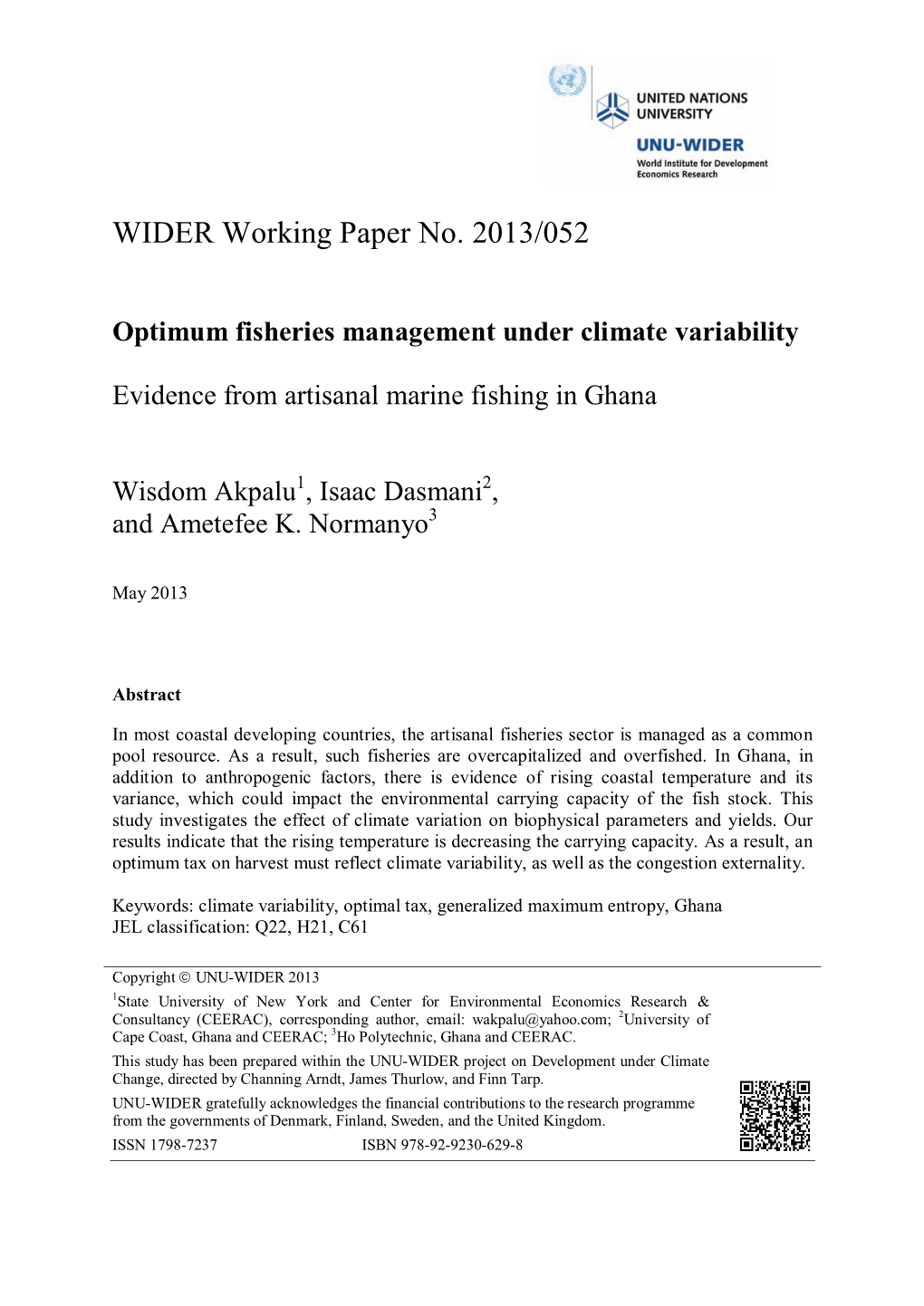 WIDER Working Paper No. 2013/052 Optimum Fisheries