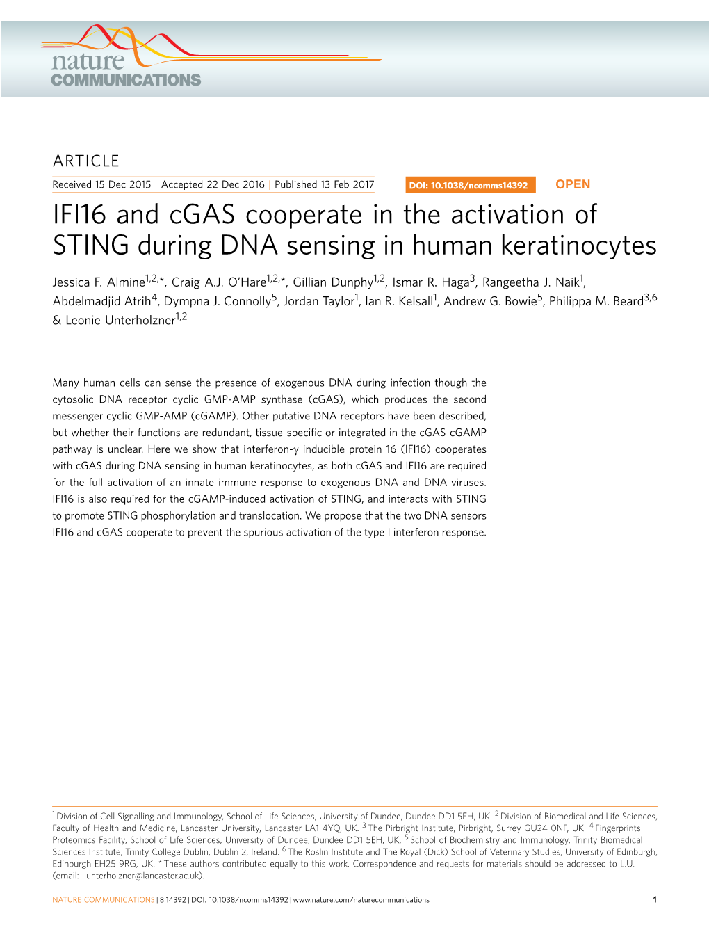 IFI16 and Cgas Cooperate in the Activation of STING During DNA Sensing in Human Keratinocytes
