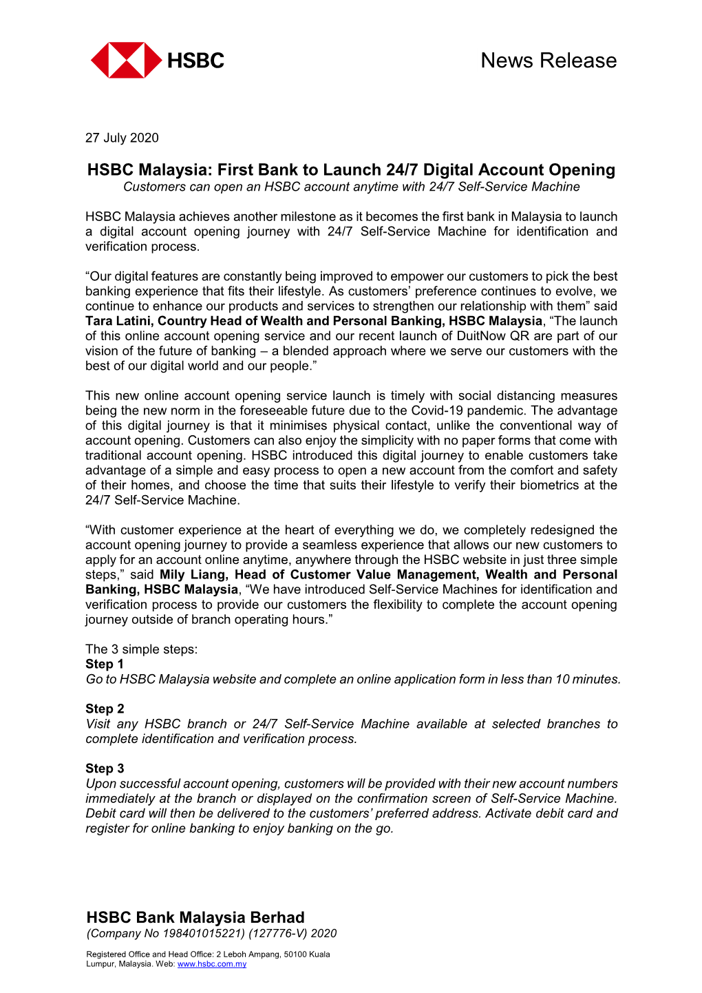 First Bank to Launch 24/7 Digital Account Opening Customers Can Open an HSBC Account Anytime with 24/7 Self-Service Machine