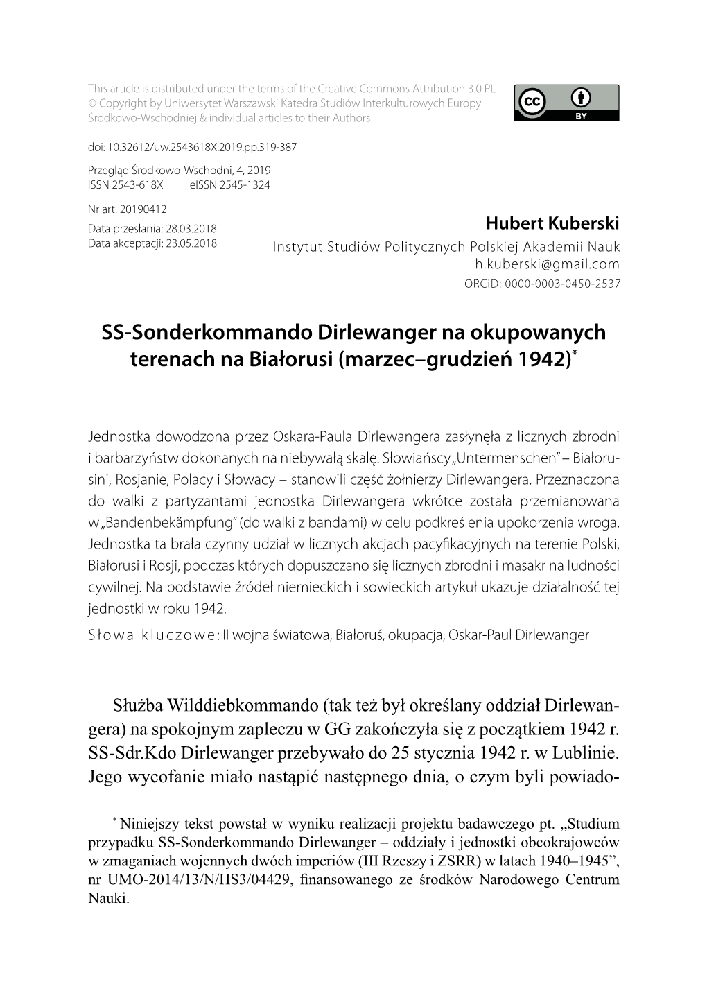 SS-Sonderkommando Dirlewanger Na Okupowanych Terenach Na Białorusi (Marzec–Grudzień 1942)*