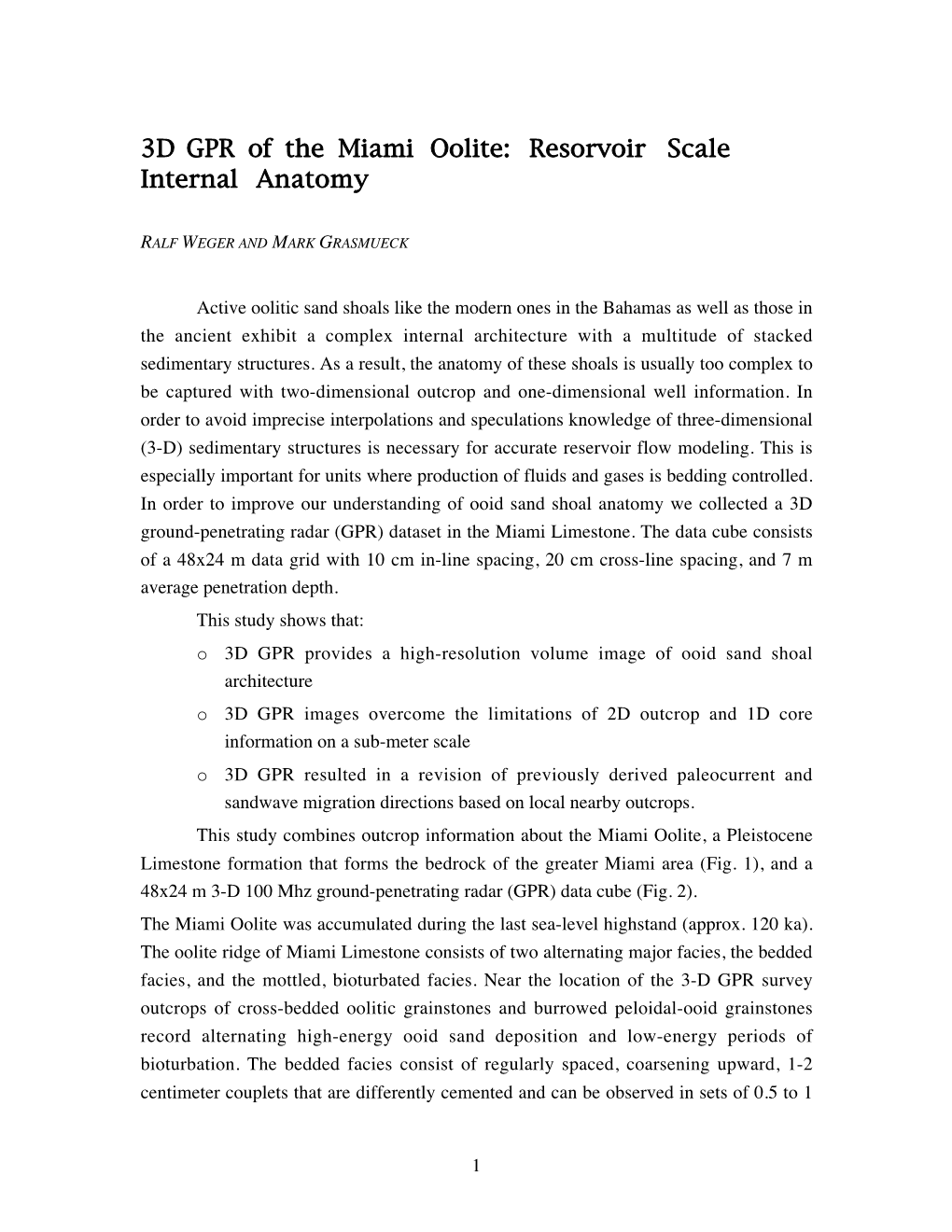 3D GPR of the Miami Oolite: Resorvoir Scale Internal Anatomy