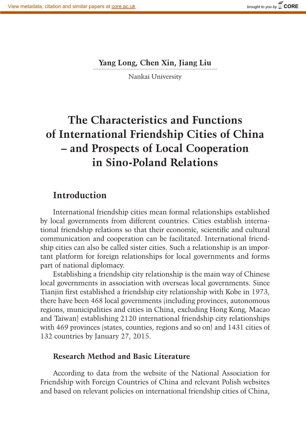 The Characteristics and Functions of International Friendship Cities of China – and Prospects of Local Cooperation in Sino-Poland Relations