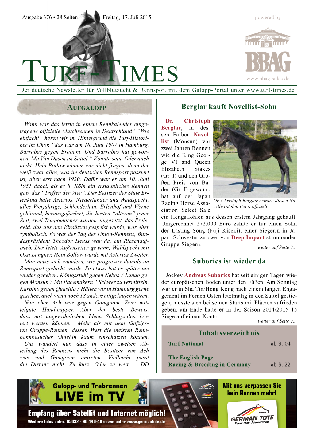 Turf-Times Der Deutsche Newsletter Für Vollblutzucht & Rennsport Mit Dem Galopp-Portal Unter