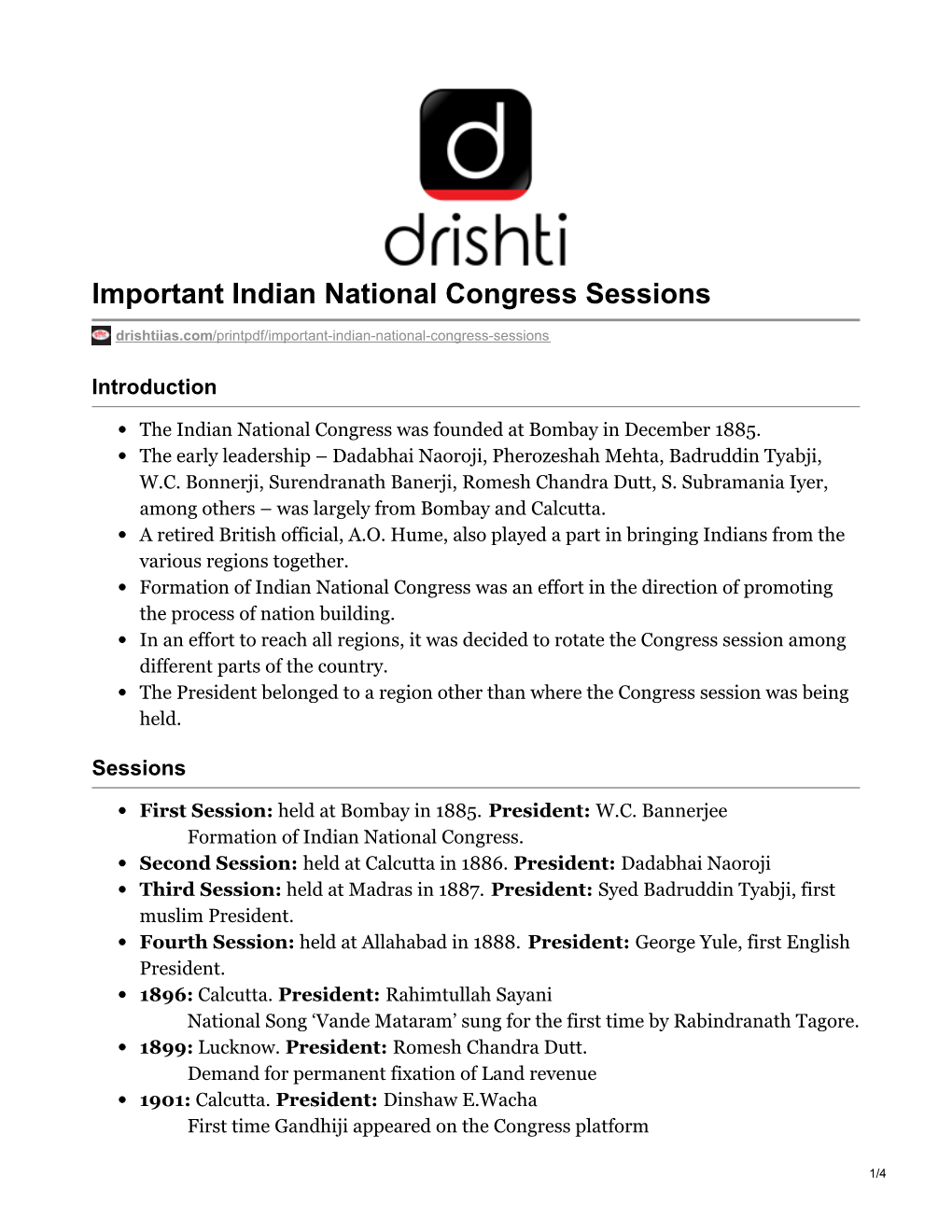 Important Indian National Congress Sessions