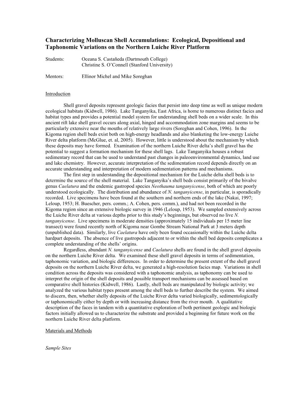 Characterizing Molluscan Shell Accumulations: Ecological, Depositional and Taphonomic Variations on the Northern Luiche River Platform