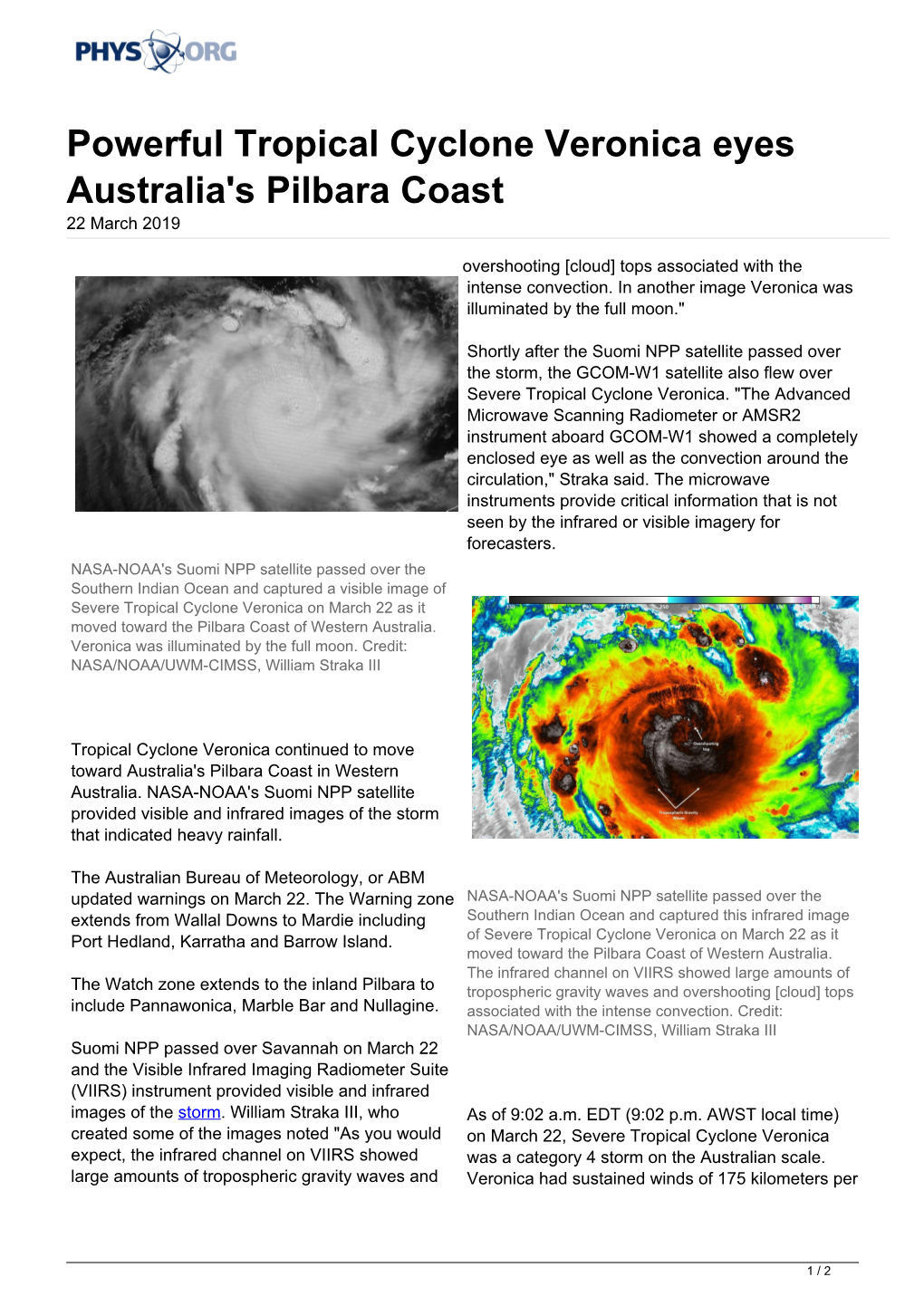 Powerful Tropical Cyclone Veronica Eyes Australia's Pilbara Coast 22 March 2019