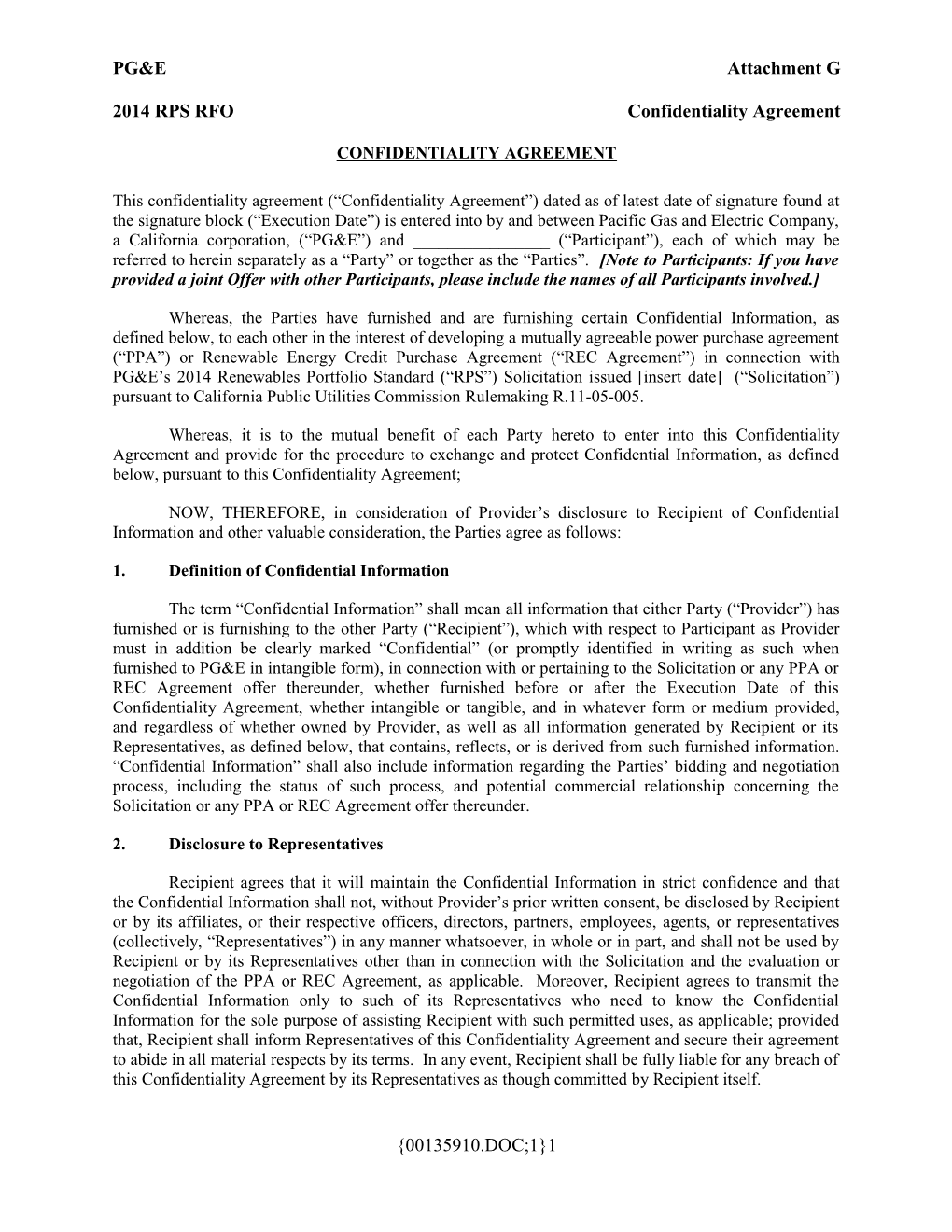 Attachment G Confidentiality Agreement