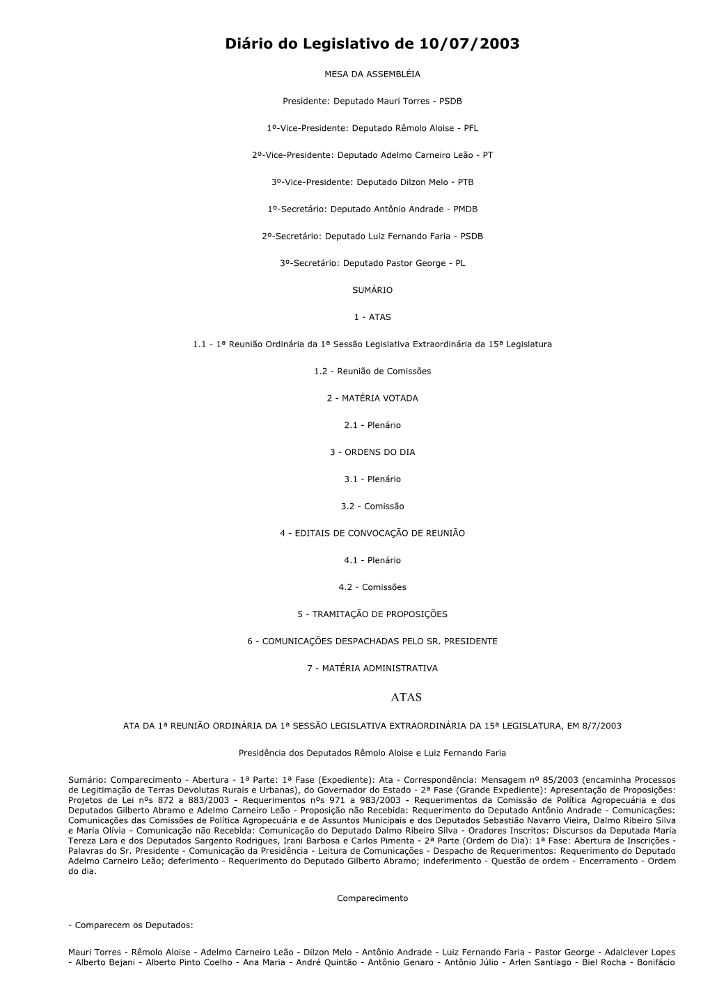 Diário Do Legislativo De 10/07/2003