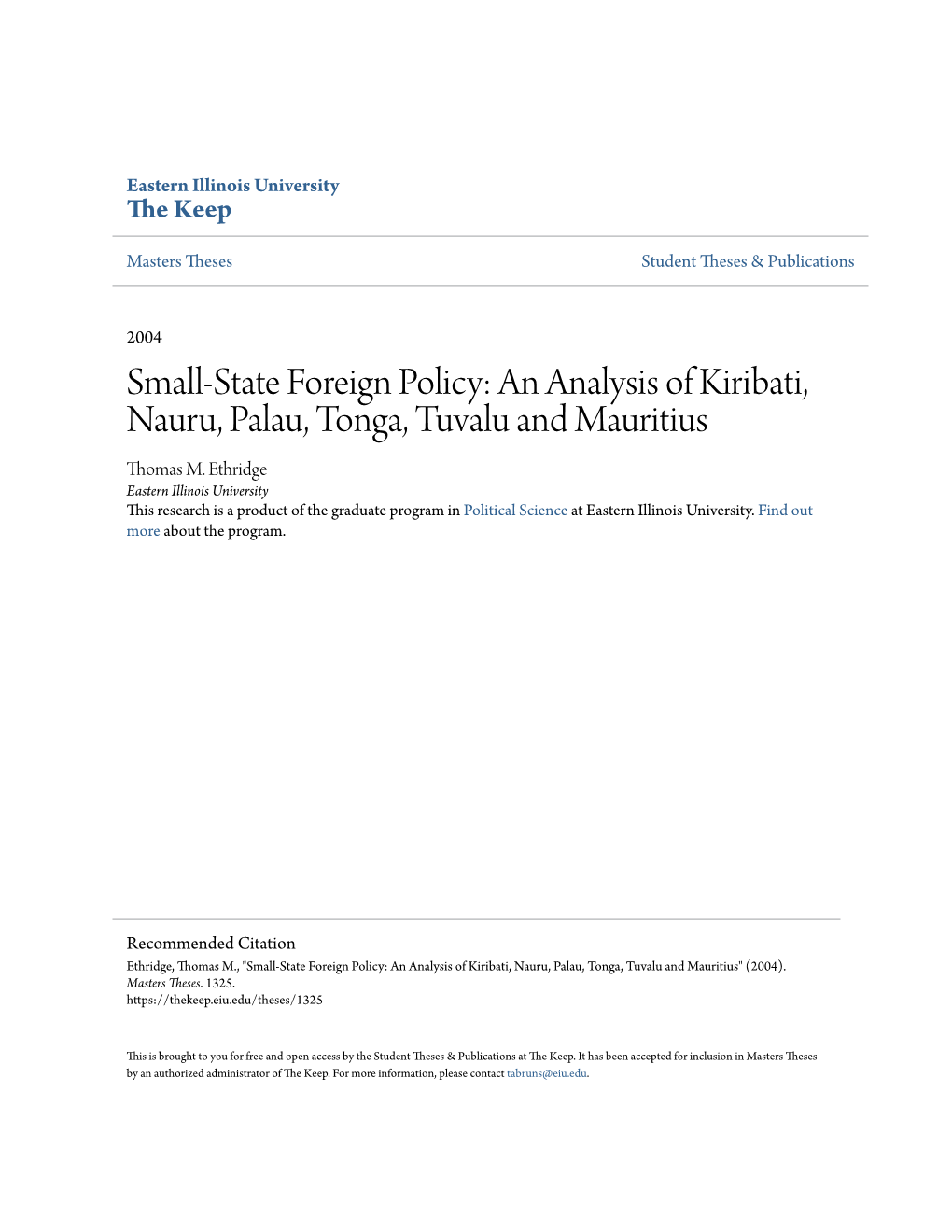 An Analysis of Kiribati, Nauru, Palau, Tonga, Tuvalu and Mauritius Thomas M