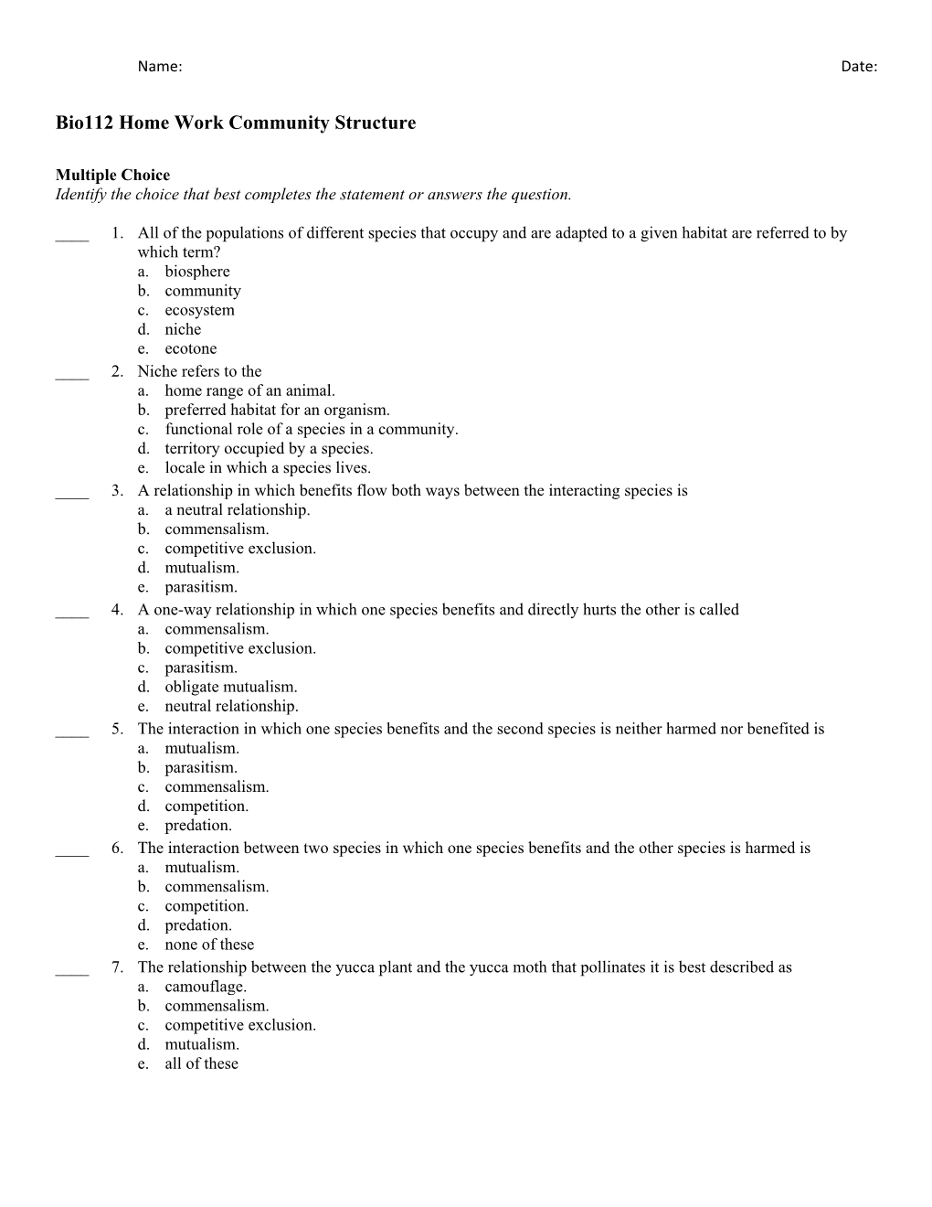 Bio112 Home Work Community Structure