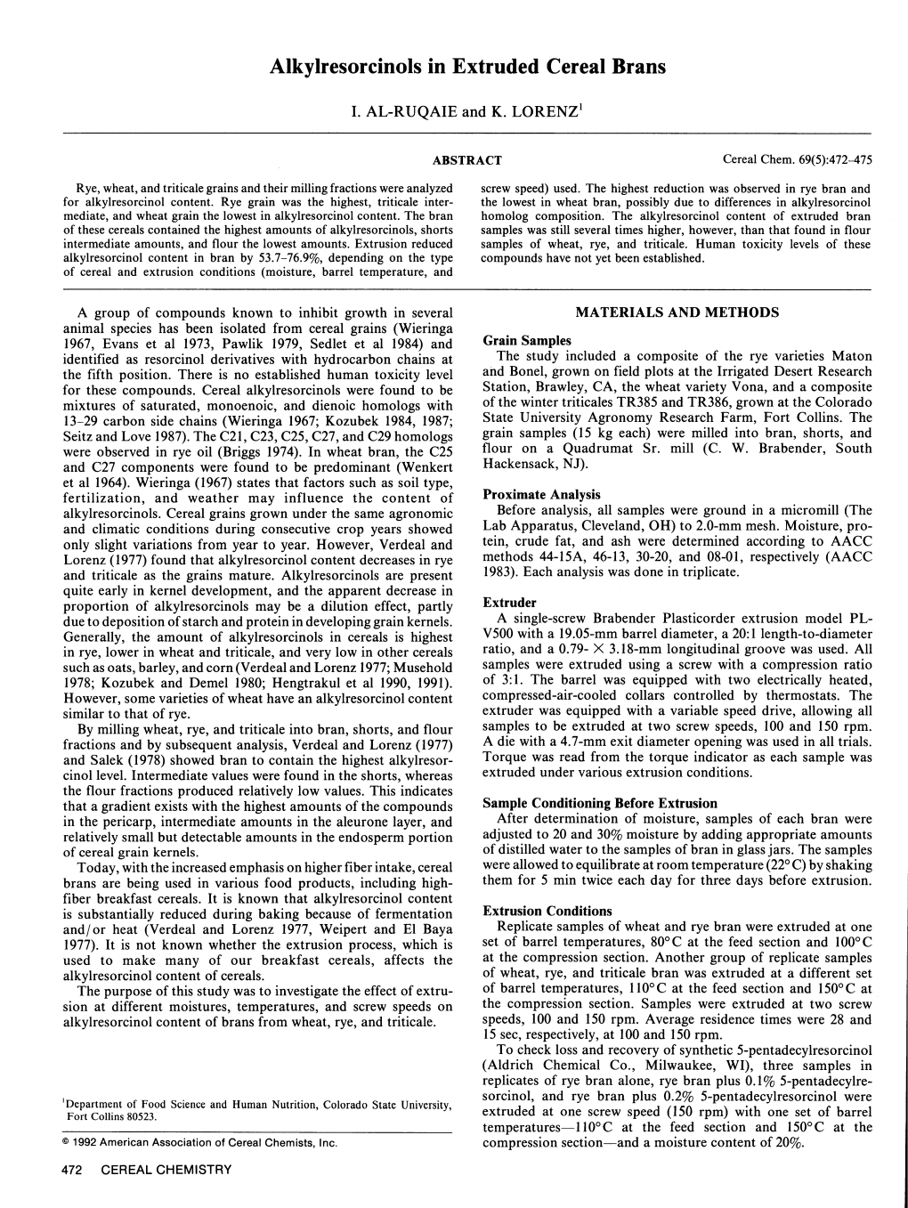 Alkylresorcinols in Extruded Cereal Brans