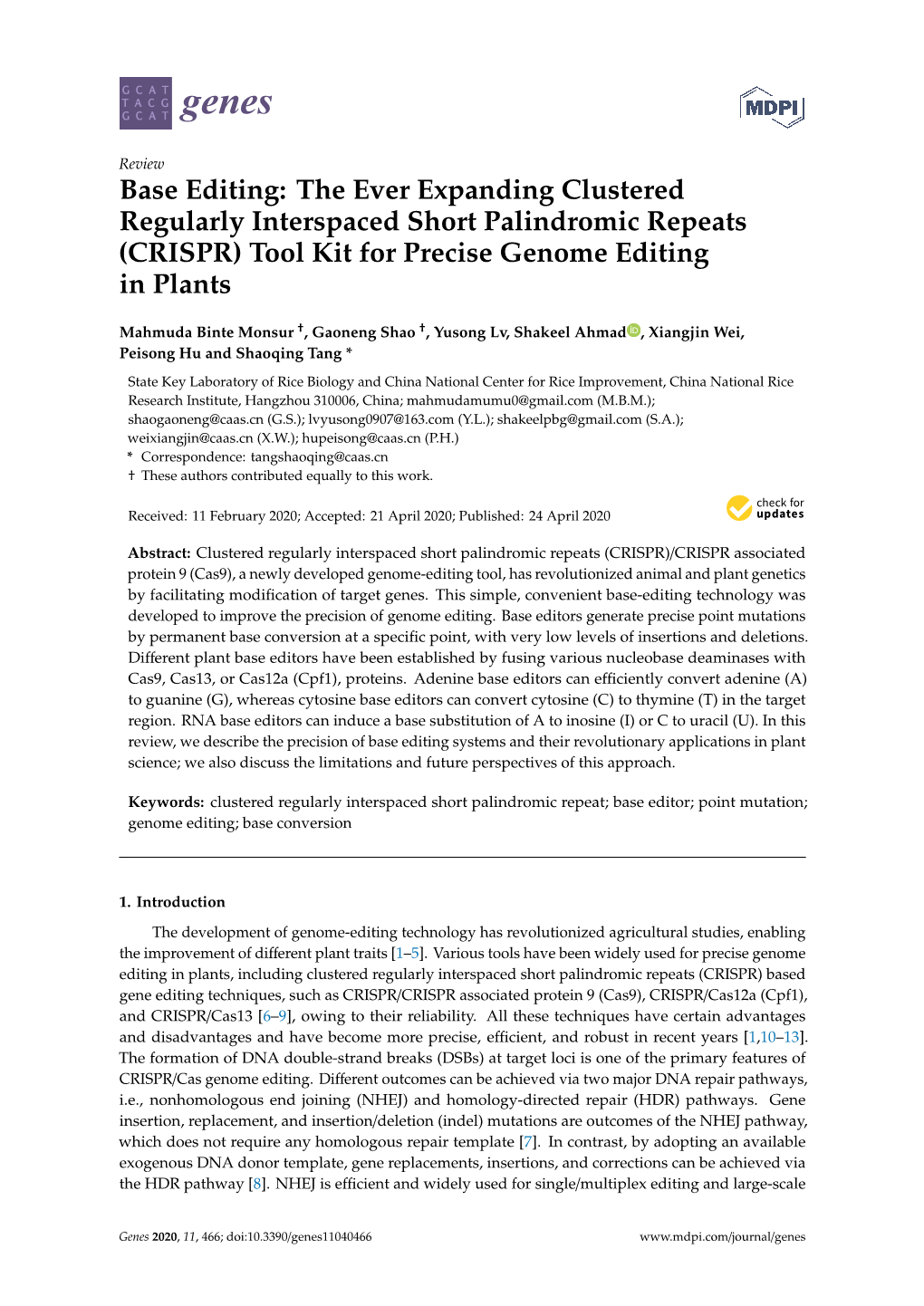 Base Editing: the Ever Expanding Clustered Regularly Interspaced Short Palindromic Repeats (CRISPR) Tool Kit for Precise Genome Editing in Plants