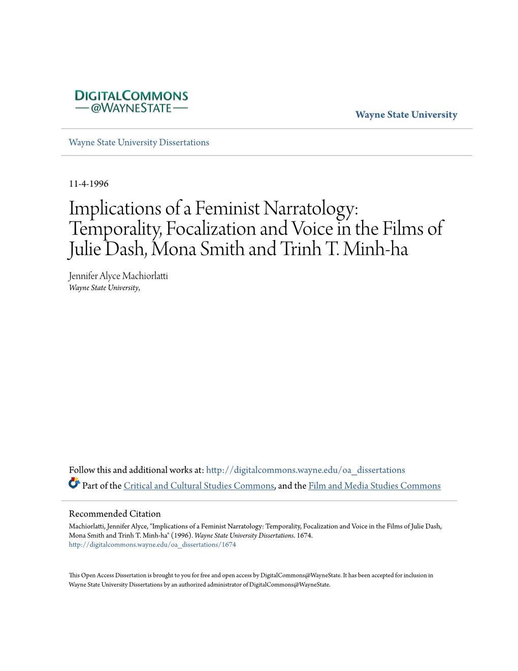 Implications of a Feminist Narratology: Temporality, Focalization and Voice in the Films of Julie Dash, Mona Smith and Trinh T