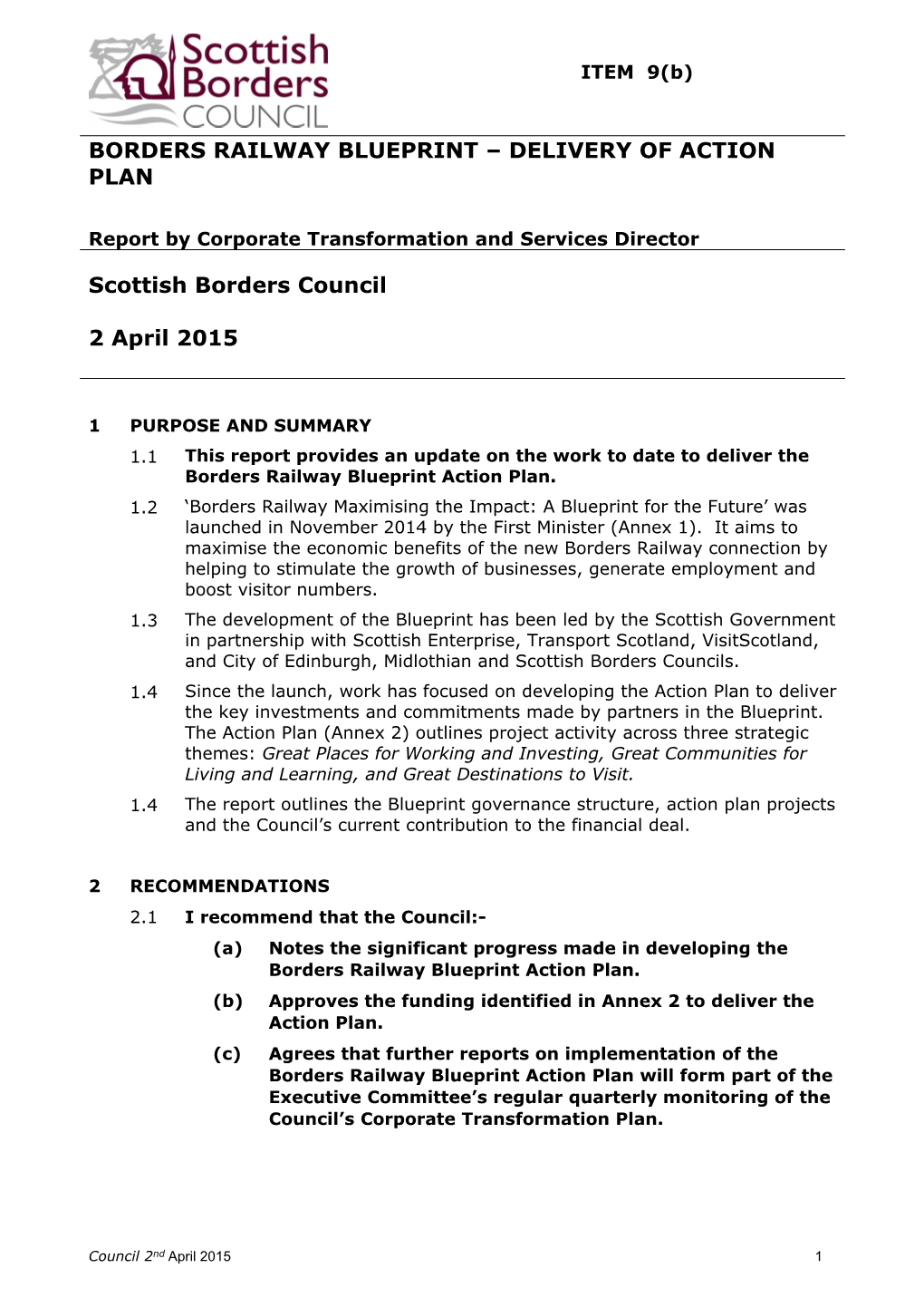 Borders Railway Blueprint – Delivery of Action Plan