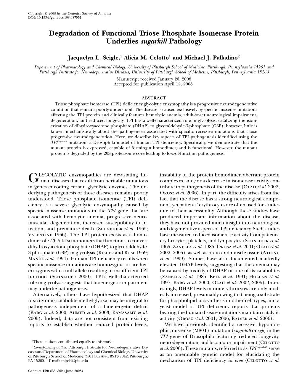 Degradation of Functional Triose Phosphate Isomerase Protein Underlies Sugarkill Pathology