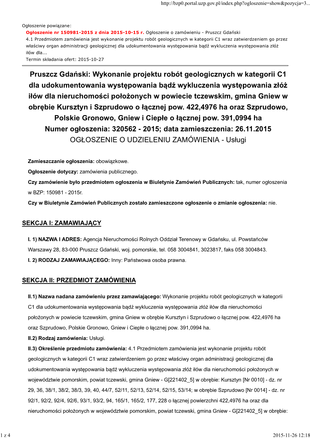 Wykonanie Projektu Robót Geologicznych W Kategorii C1 Dla